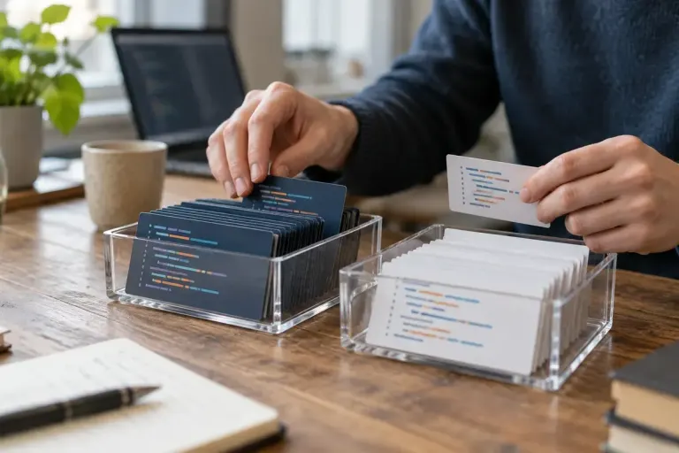 Dos bandejas transparentes con tarjetas sobre una mesa de programación.