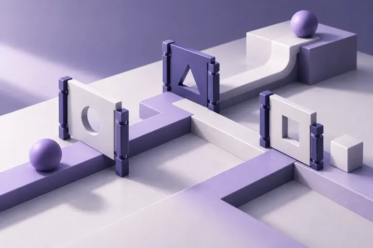 Piezas geométricas conectadas como un recorrido de reglas, ilustración creada con IA