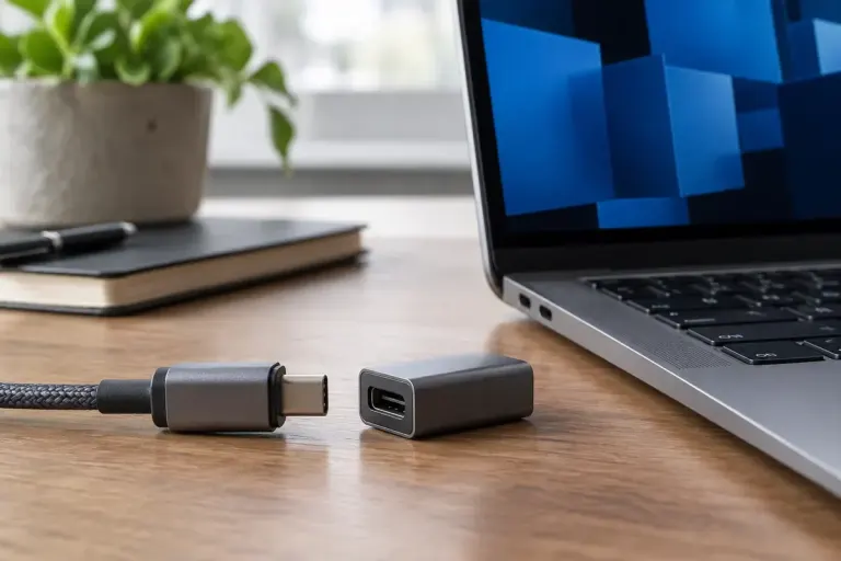 Conectores electrónicos junto a un portátil, como ilustración de compatibilidad entre sistemas.