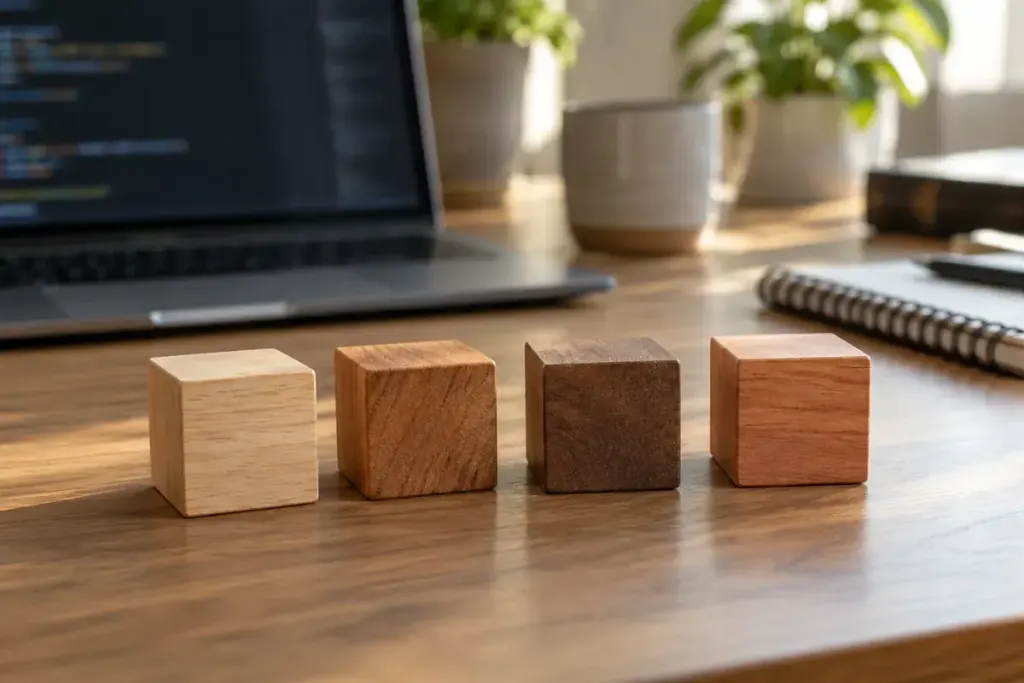 Cuatro bloques de madera distintos sobre la mesa de una persona que programa.