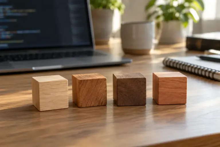 Cuatro bloques de madera distintos sobre la mesa de una persona que programa.